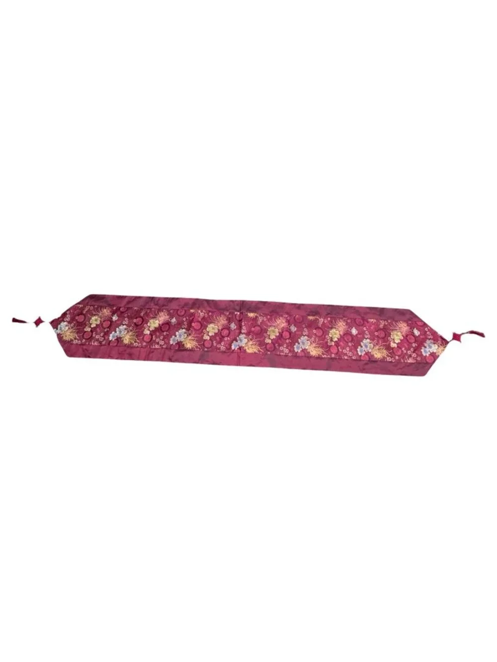 Floral Embroidered Satin Table Runner Oriental Flowers Tassels Red78" Long - Picture 2 of 9